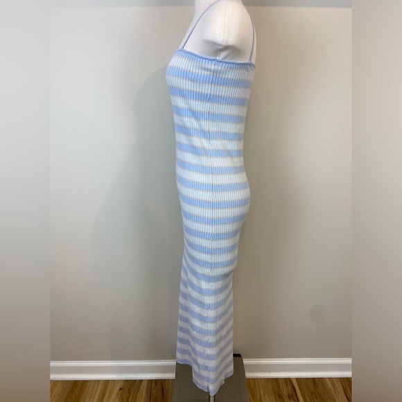 Zara Midi Pastel Striped Ribbed Knit Dress Blue White Beige Spaghetti Strap Sz L - Picture 7 of 16